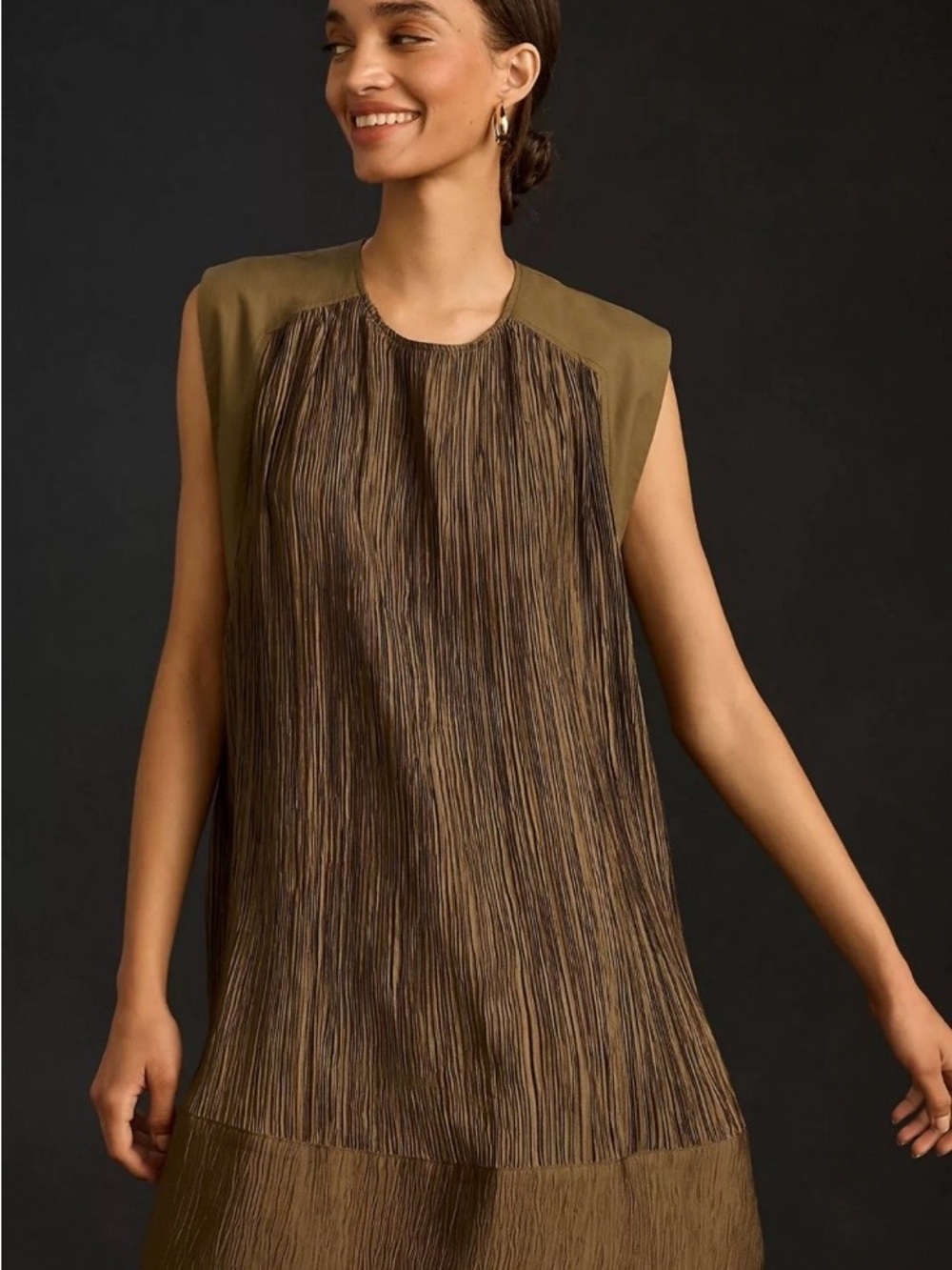 Anthropologie Olive Plissé Mini Dress Size M Sleeveless Pleated Swing Shift - Picture 2 of 10